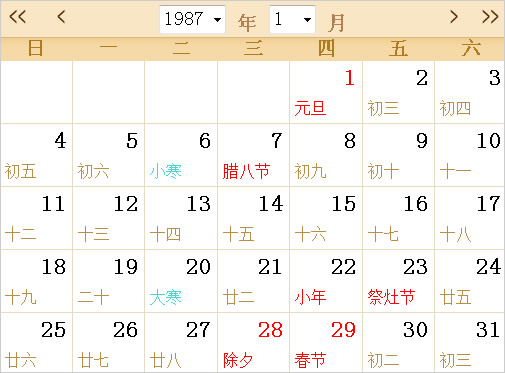1987年日历全年（1987年农历与公历对照表）(1)