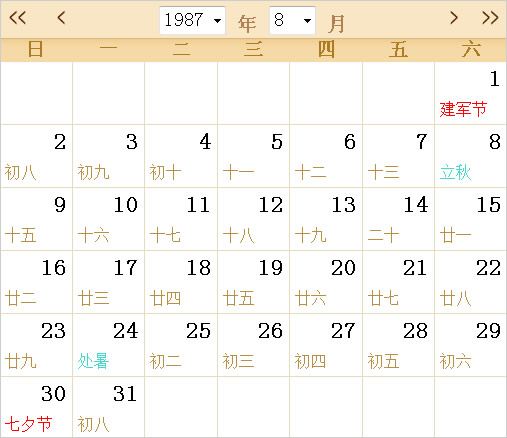 1987年日历全年（1987年农历与公历对照表）(8)