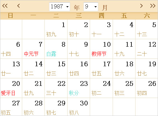 1987年日历全年（1987年农历与公历对照表）(9)