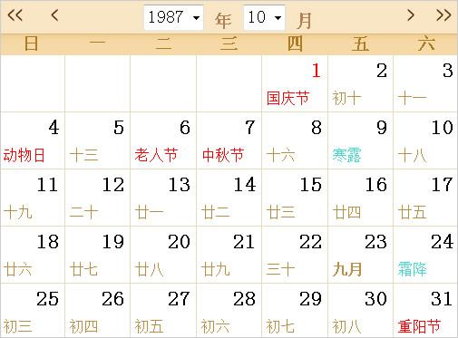 1987年日历全年（1987年农历与公历对照表）(10)