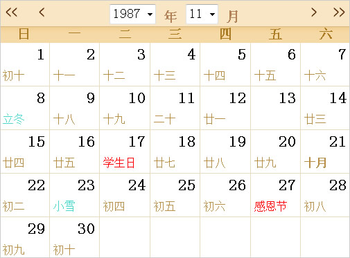 1987年日历全年（1987年农历与公历对照表）(11)